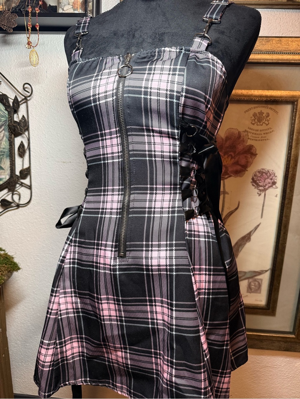 Pink Black Plaid Goth Corset Mini Dress Ribbon Lace Up Overall Pinafore⁠